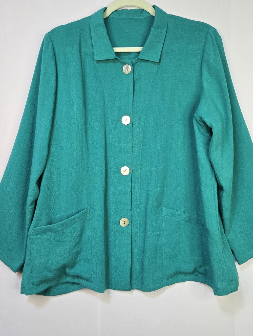 FRIDAZ Women’s Size M 100% Linen Teal Button-Front Casual Jacket Top - Picture 3 of 9